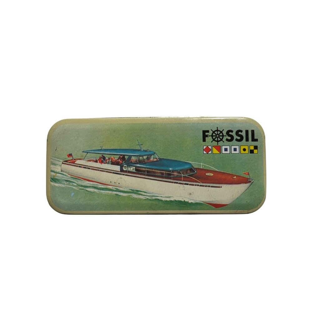 Vintage Fossil Tin Box With Classic Boat Graphic Model 501 1991 Collectors Decor
